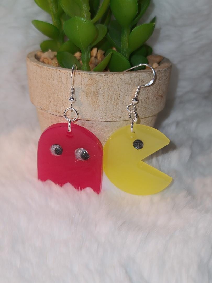 Retro Pac-Man & Ghost Resin Earrings