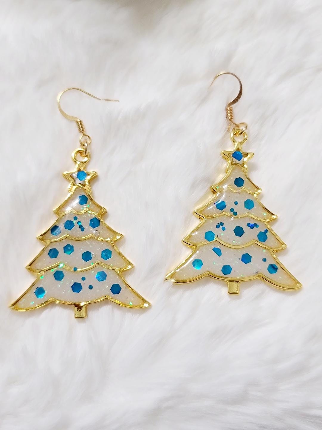 White Christmas Tree Resin Earrings