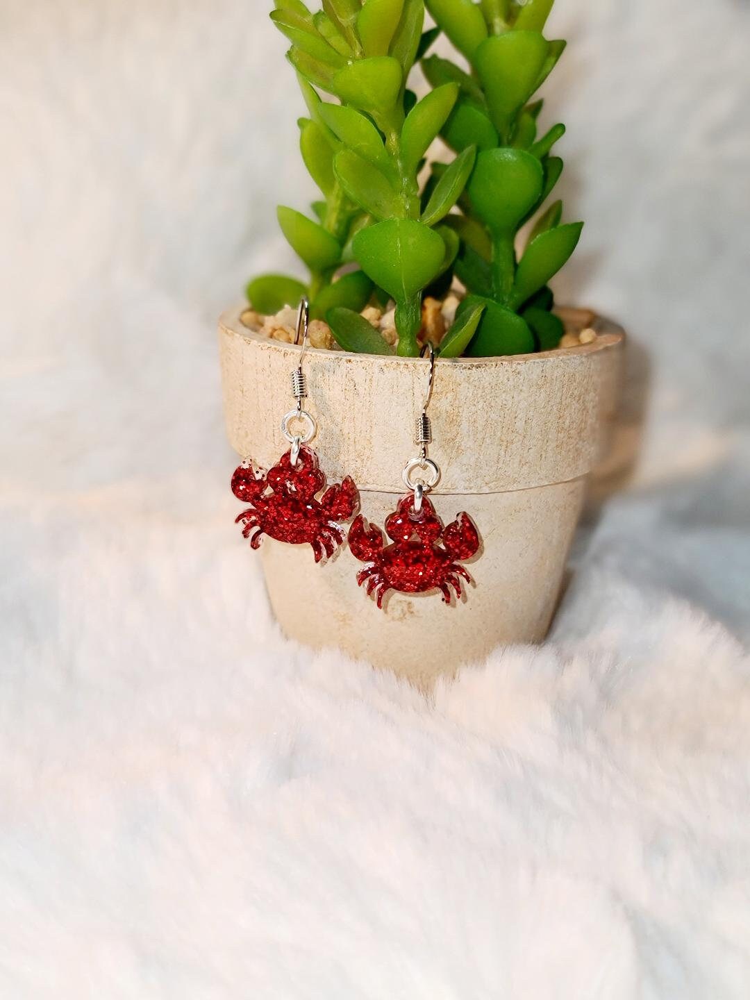 Red Glitter Crab Earrings
