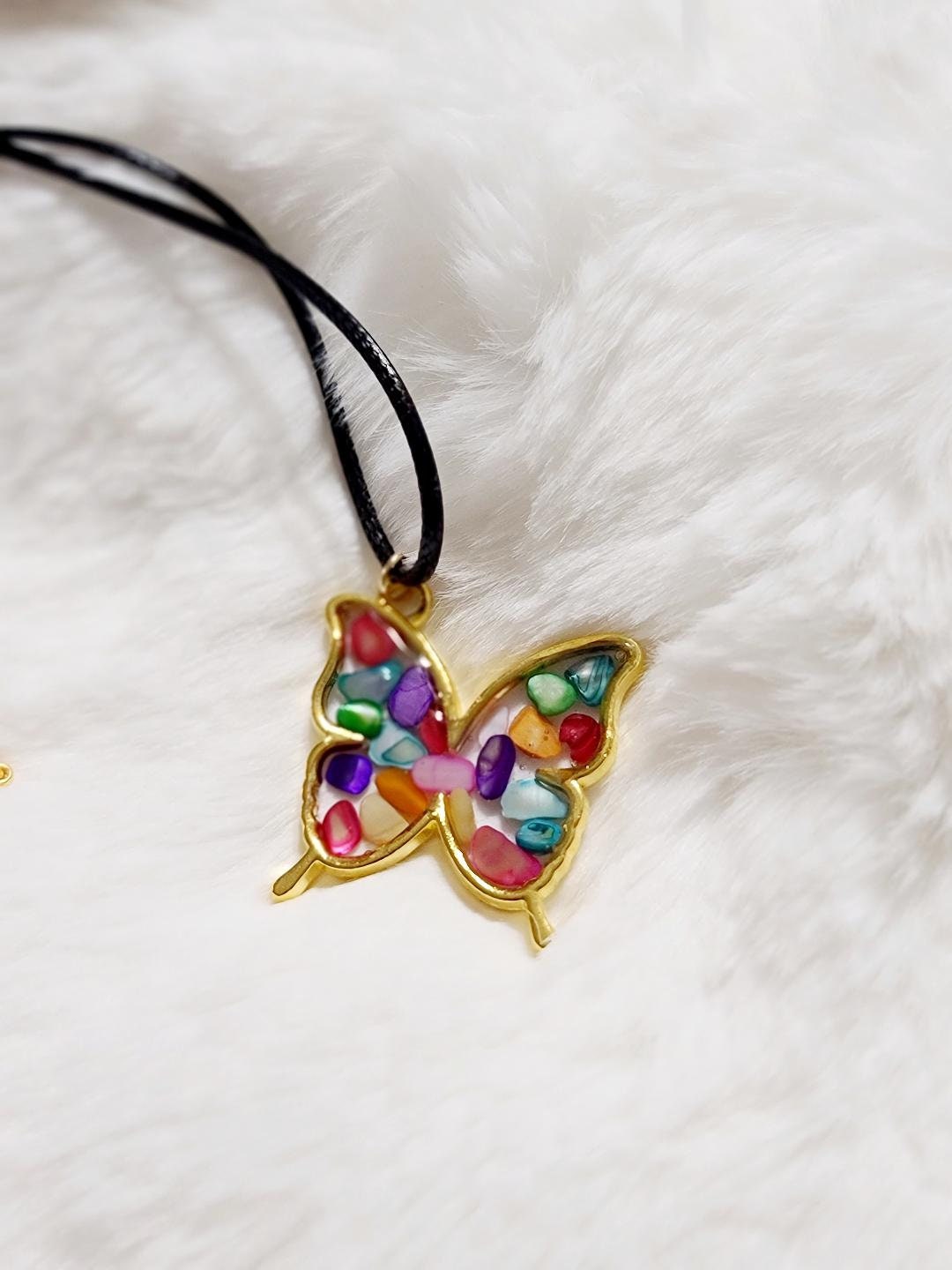 Multi-color stone Gold Butterfly Necklace