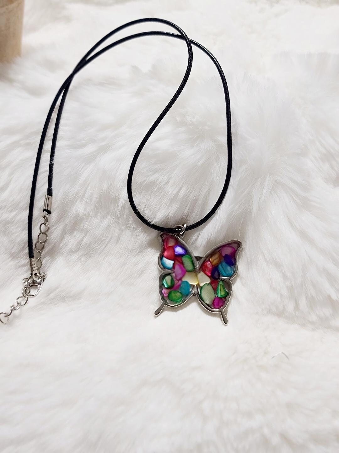 Multi-color stone Silver Butterfly Necklace