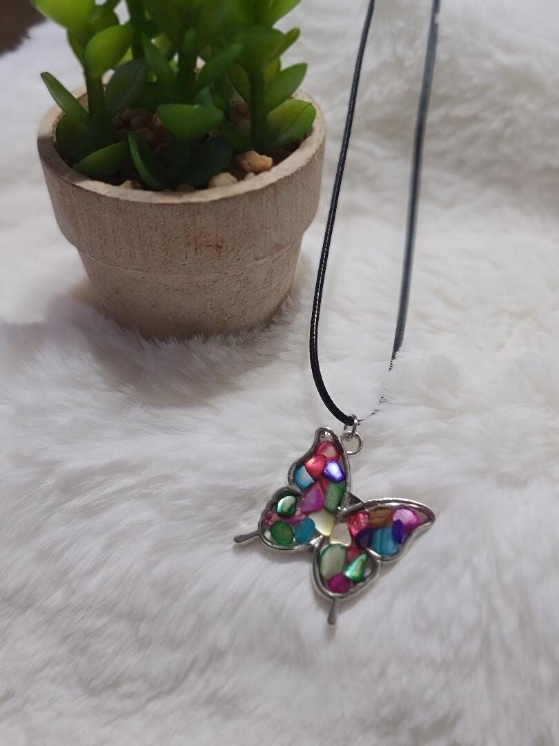 Multi-color stone Silver Butterfly Necklace