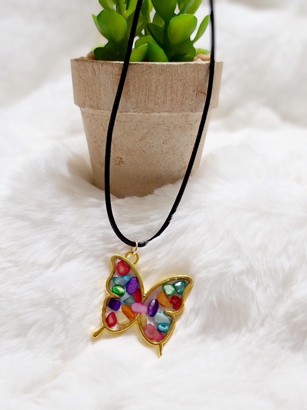 Multi-color stone Gold Butterfly Necklace