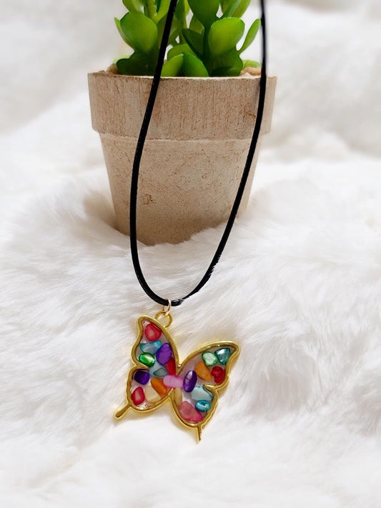 Multi-color stone Gold Butterfly Necklace