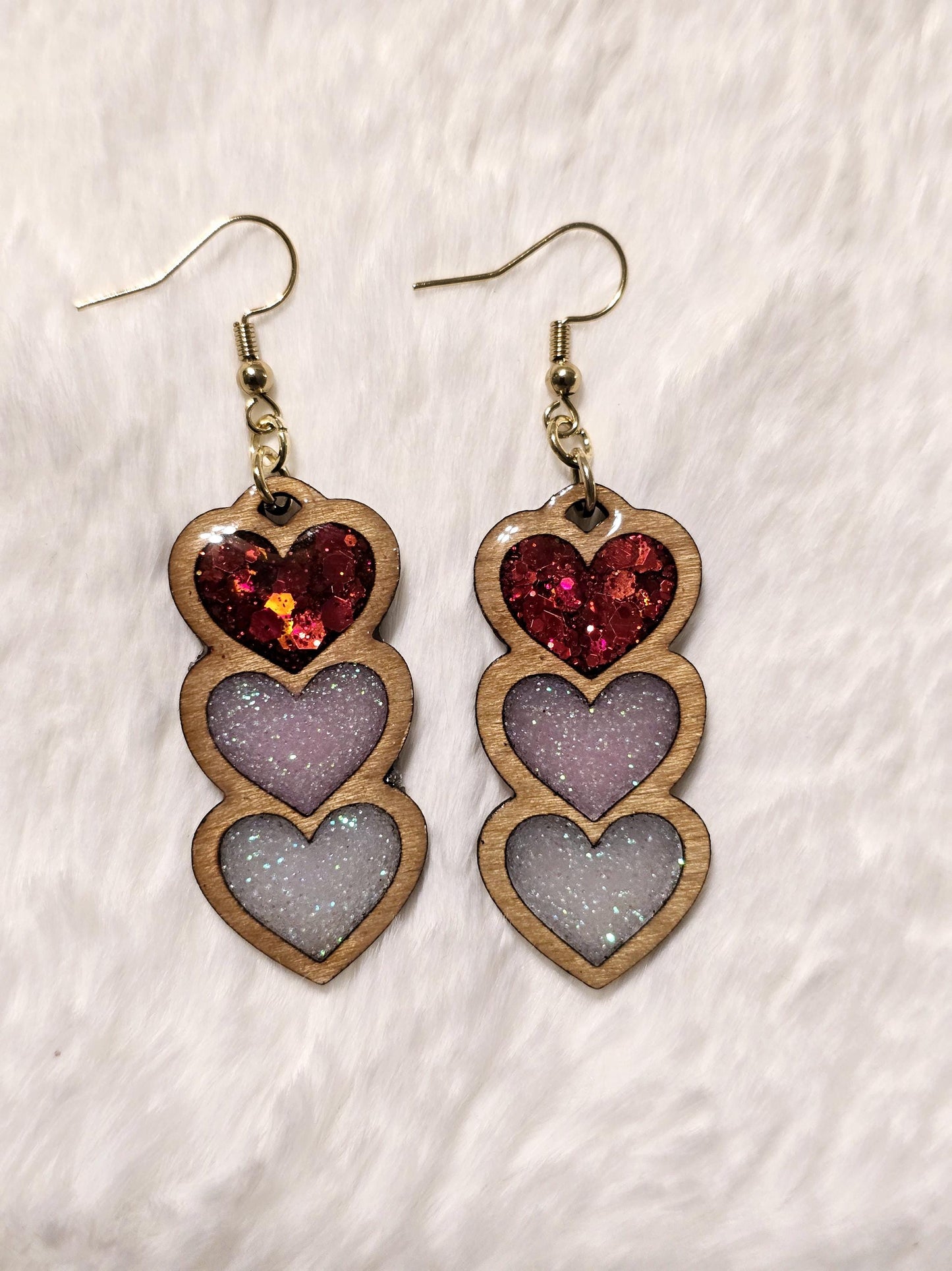 Triple Heart Wooden Earrings