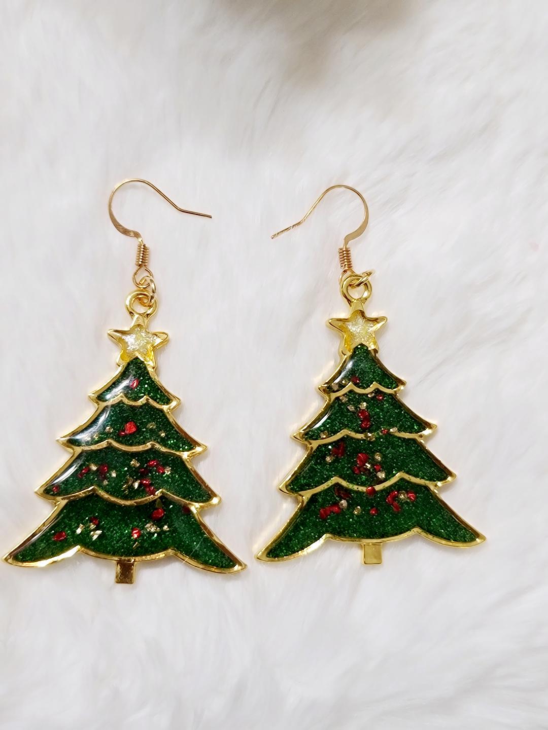 Green Christmas Tree Resin Earrings