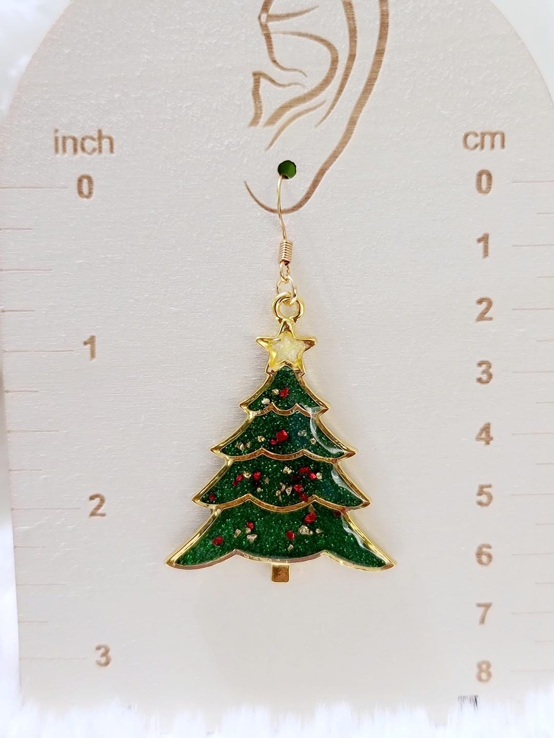 Green Christmas Tree Resin Earrings