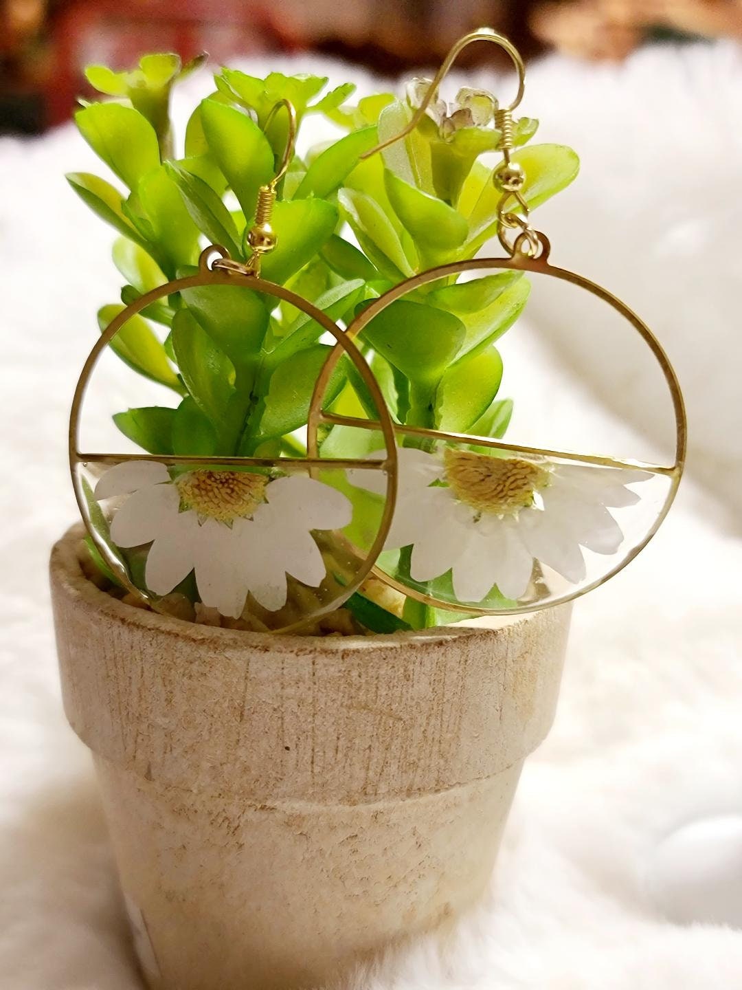 White Daisy Hoop Earrings