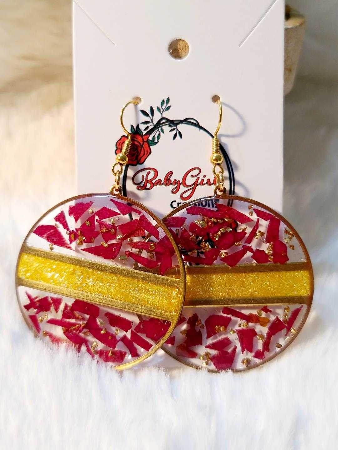 Red rose petals resin earring