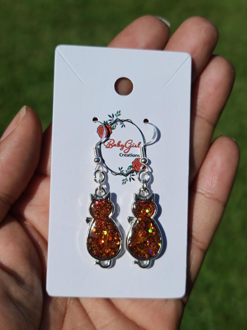 Orange Glitter Silver Cat Earrings