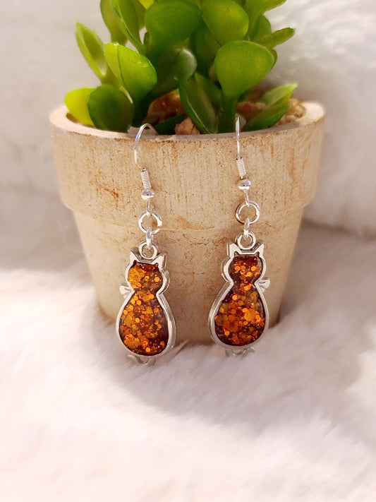Orange Glitter Silver Cat Earrings