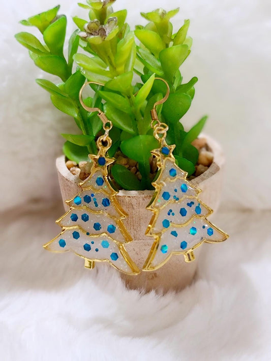 White Christmas Tree Resin Earrings