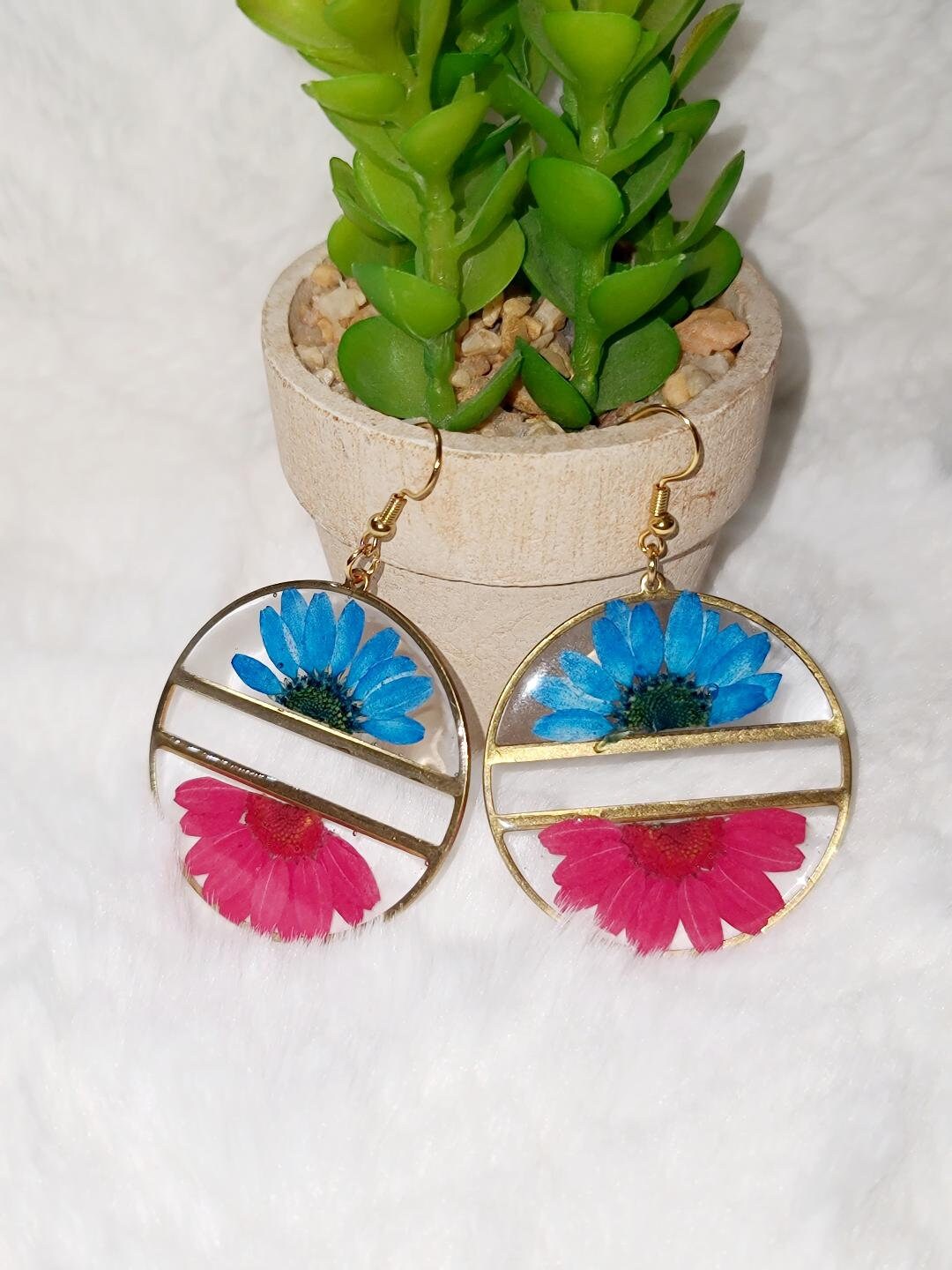 Blue and Red Daisy Earrings