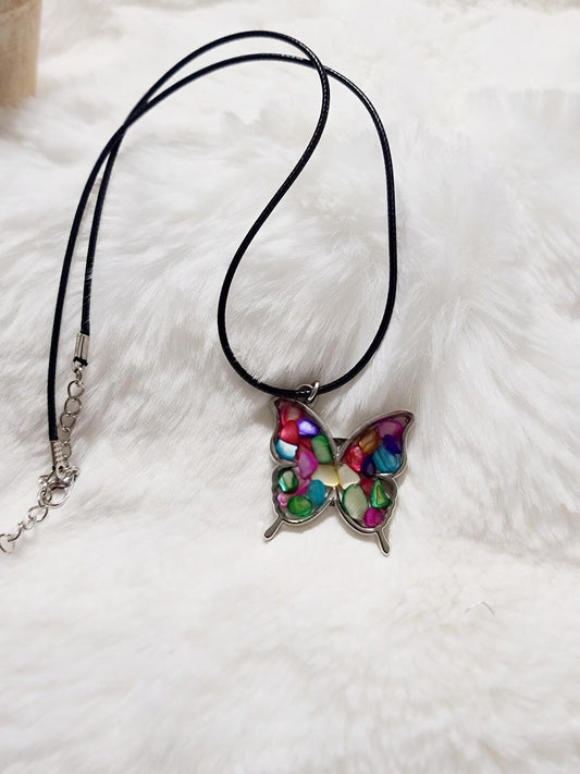 Multi-color stone Silver Butterfly Necklace