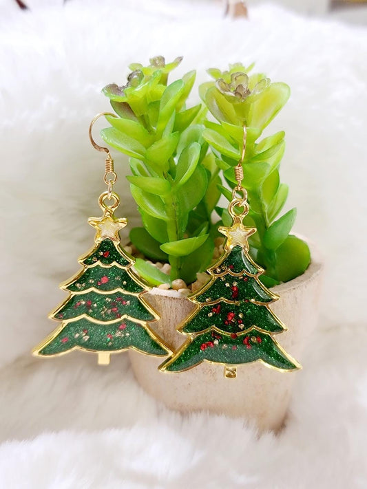 Green Christmas Tree Resin Earrings