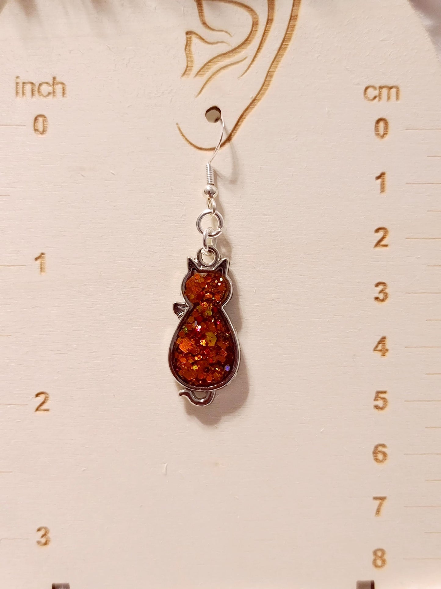 Orange Glitter Silver Cat Earrings