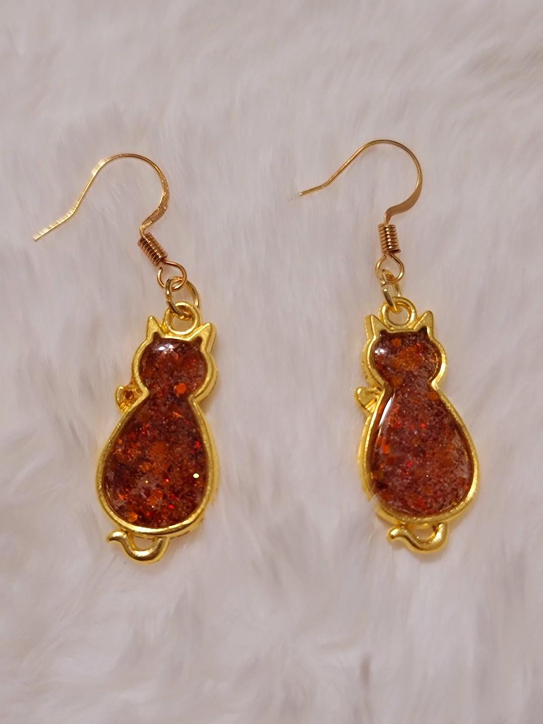 Orange Glitter Cat Earrings