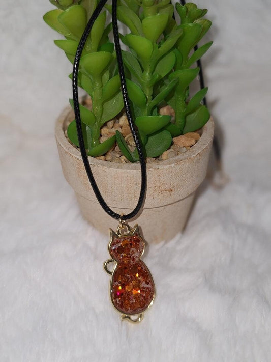 Orange Glitter Cat Necklace
