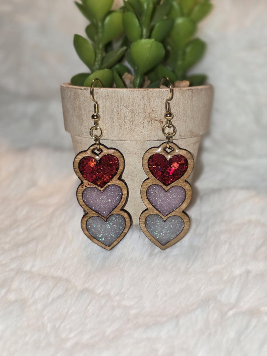 Triple Heart Wooden Earrings