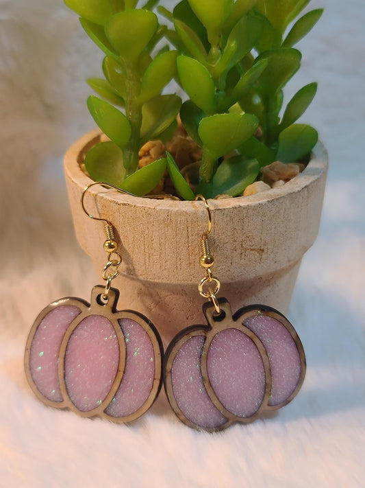 Pink wooden pumpkin earrings