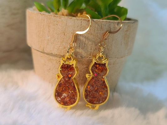 Orange Glitter Cat Earrings