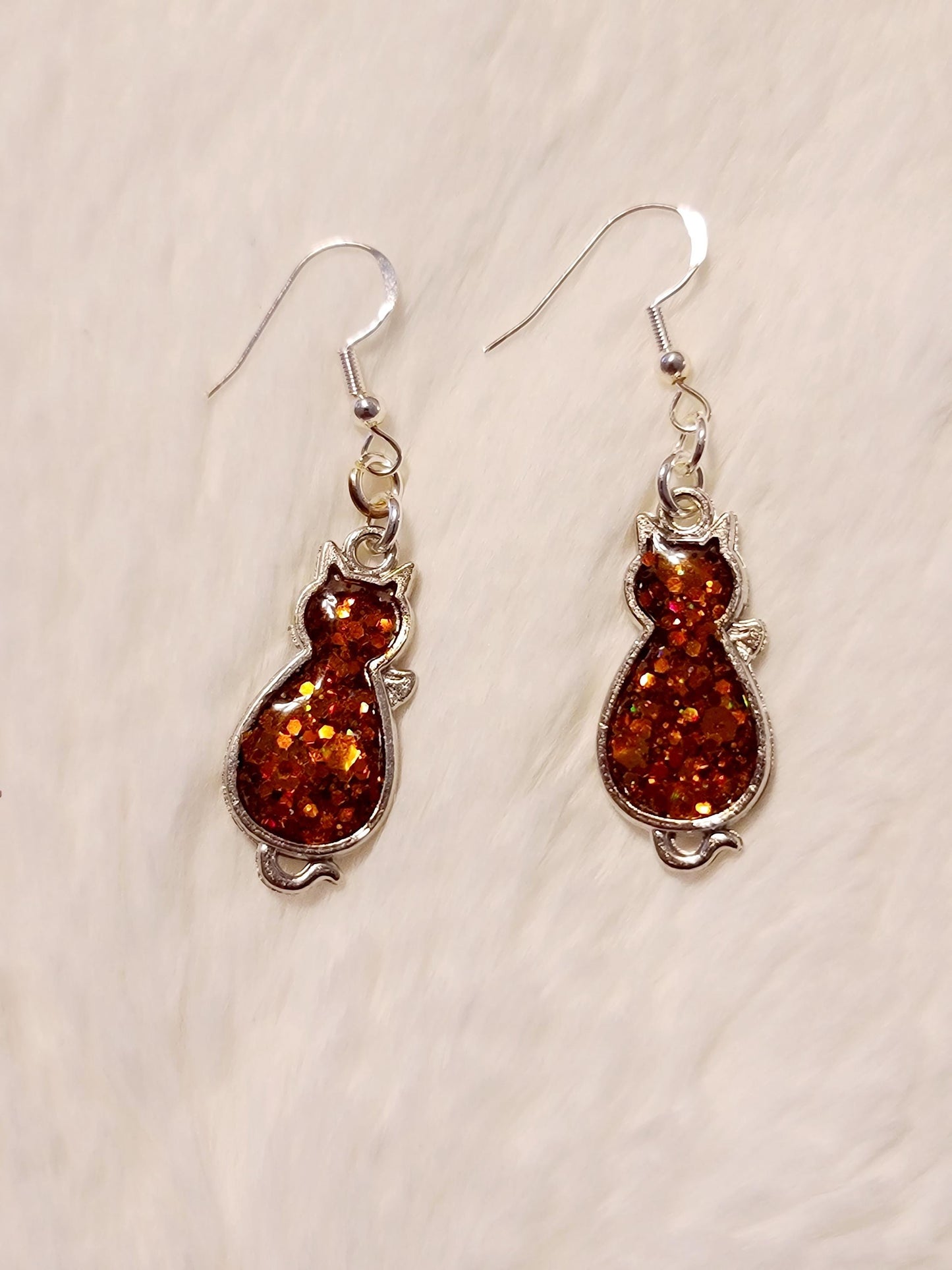 Orange Glitter Silver Cat Earrings